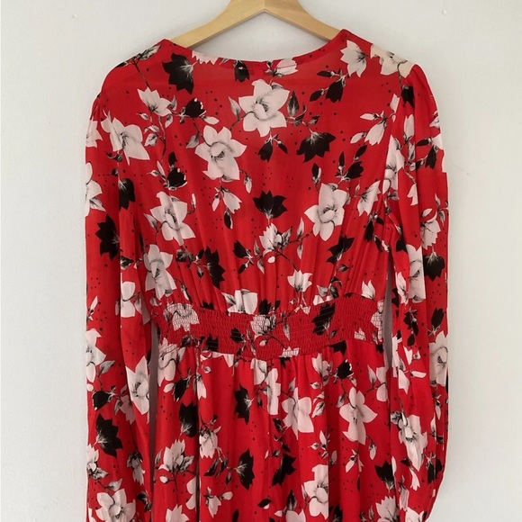 Lily and Lionel Floral Red Maxi Dress Size Small Shirred Waist Tie Neck - Picture 8 of 8